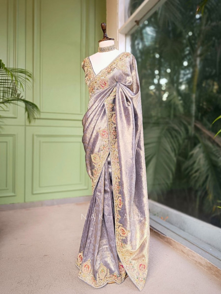 Royal Princess Grey Banarasi Silk Saree with Zardozi Detailing