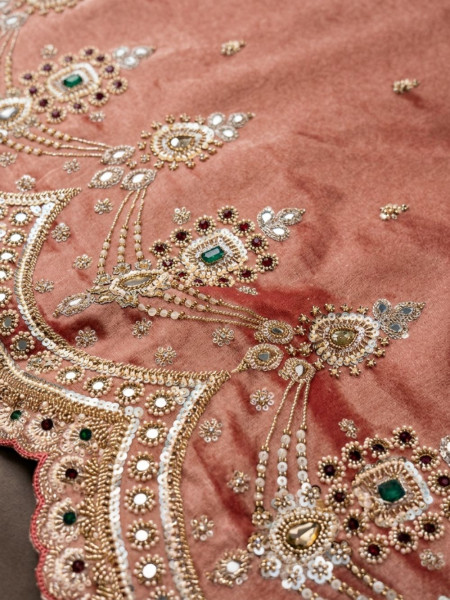 Aethelgard Peach Silk Blend Saree with Readymade Blouse & Kundan Zardozi Work