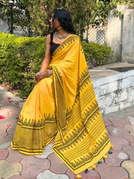 Vanika Yellow Cotton Handblock Saree