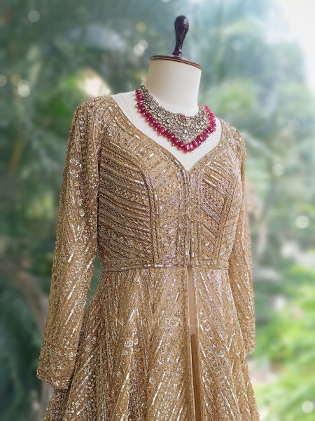 Queenshine Golden Indowestern Lehenga with Sequin and Cutdana Embellishment