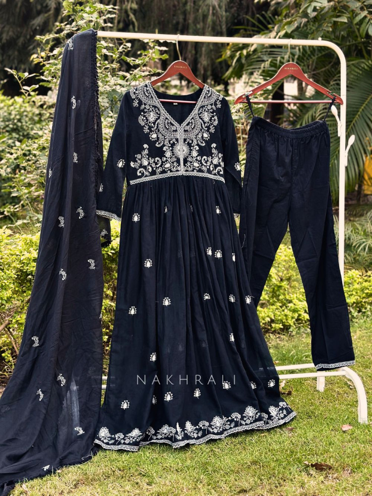 Image of Black Anarkali Suit Set in Cotton with Embroidery