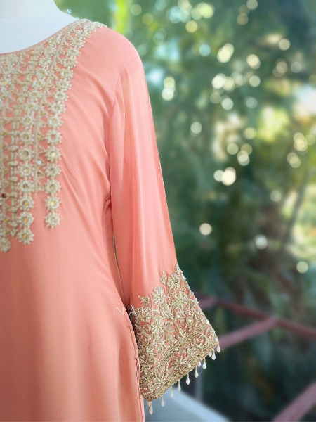 Aarunya Peach Georgette Palazzo Kurta Set with Zari Sequin Work