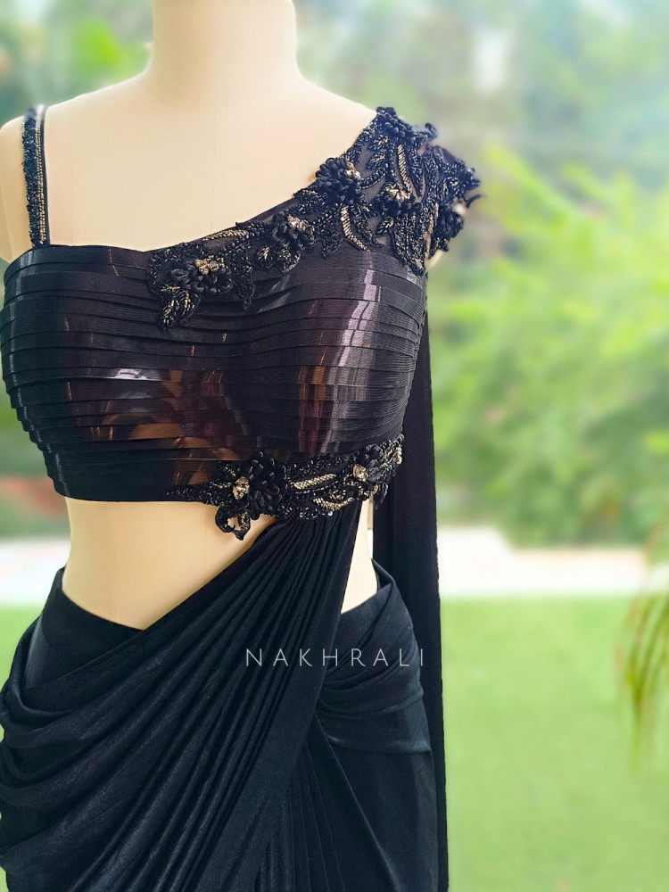 Image of Eclipse Black Metallic Lycra Shimmer Crop Top &amp; Draped Skirt Set