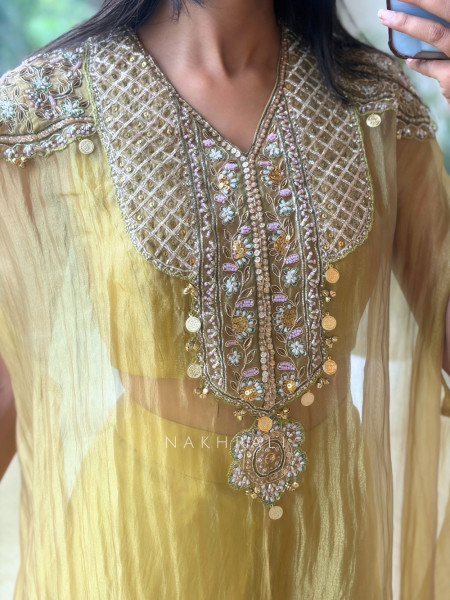 Ochre Shimmer Green Tissue Co-ord Set with Coin-Fringe Embroidered Cape