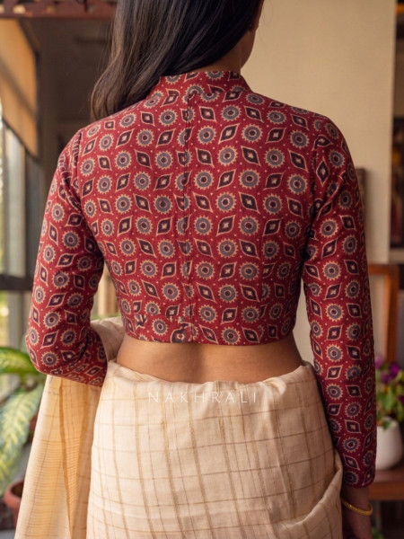 Sutrangan Red Printed Blouse Full Sleeves and Mandarin Collar
