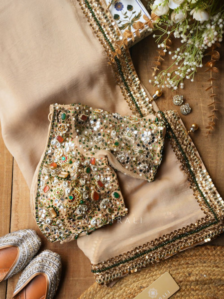 Noor-e-Kundan Brown Saree with Jewelled Blouse and Sequin Border
