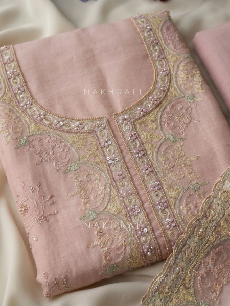 Nuvella Pink Floral Embroidered Dress Material with Pearl Border