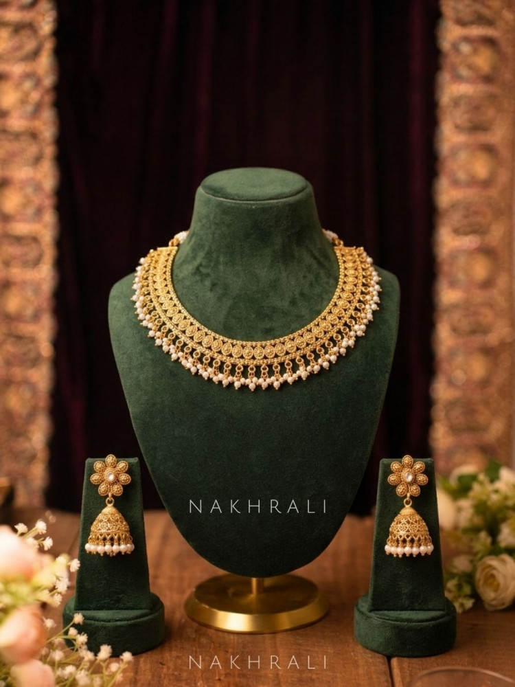Image of Chitralekha White Pearl Necklace Set with Jhumka Earrings