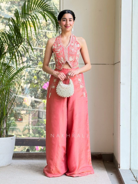 Elmira Peach Embroidered Crop Top & Palazzo Set