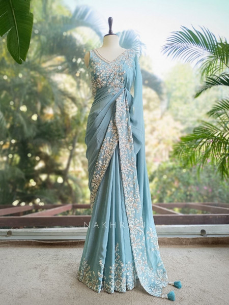 Velmira Sea Green Embroidered Saree with Heavy Thread Work and Readymade Blouse