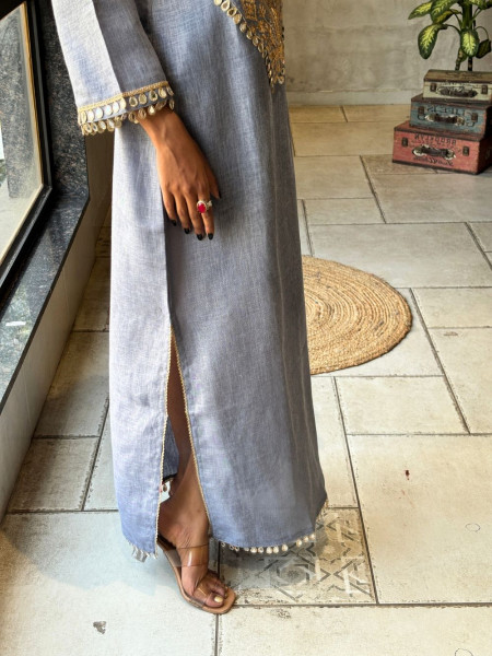 Noorika Blue Grey Cotton Blend Straight Dress with Embroidered Yoke and Mirror Lace