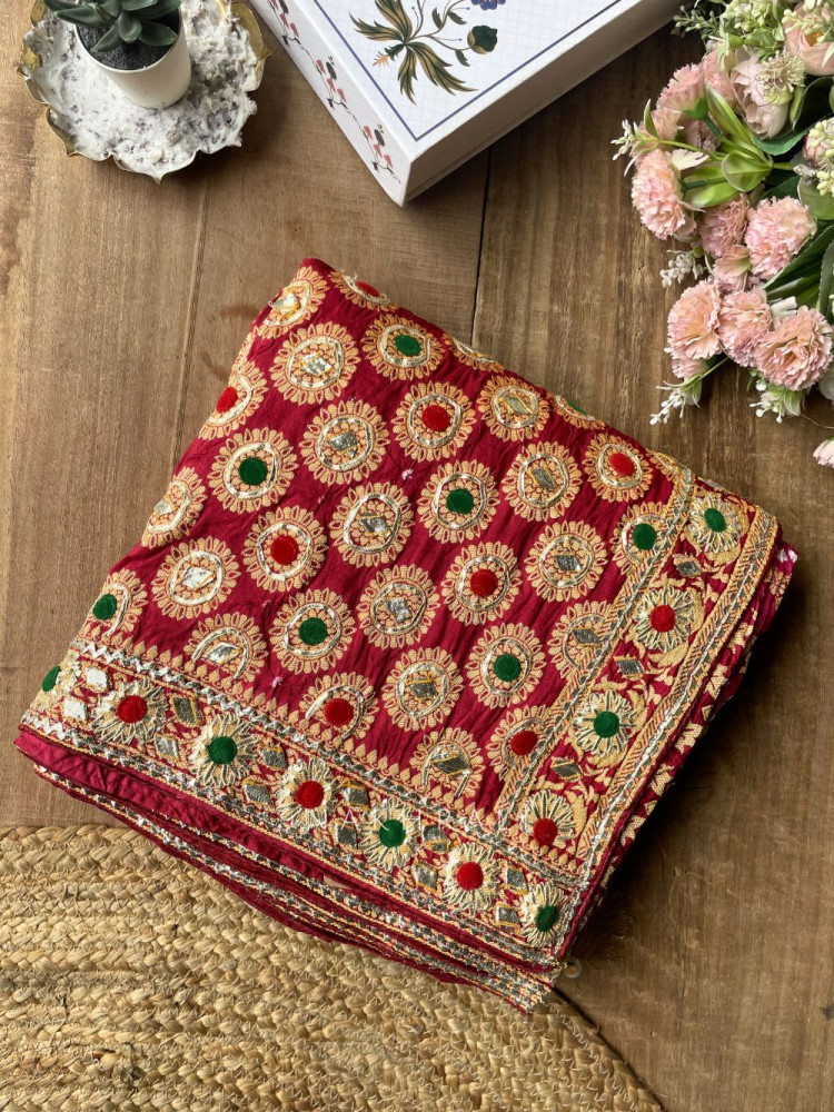Image of Marlowe Maroon Bandhej Saree with Embroidered Border and Running Blouse Piece