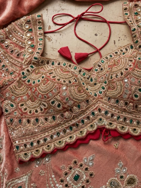 Aethelgard Peach Silk Blend Saree with Readymade Blouse & Kundan Zardozi Work