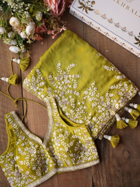 Velmira Green Parrot Embroidered Saree with Heavy Thread Work and Readymade Blouse