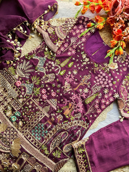 Mehrya Purple Embroidered Kurta Pant Set