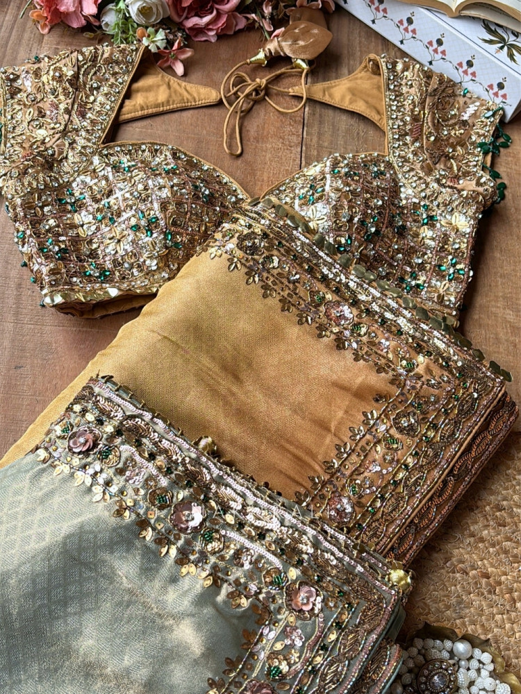 Image of Lustre Trellis Golden Tissue Silk Saree with Readymade Blouse