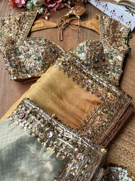 Lustre Trellis Golden Tissue Silk Saree with Readymade Blouse