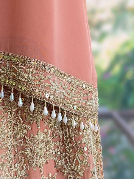 Aarunya Peach Georgette Palazzo Kurta Set with Zari Sequin Work
