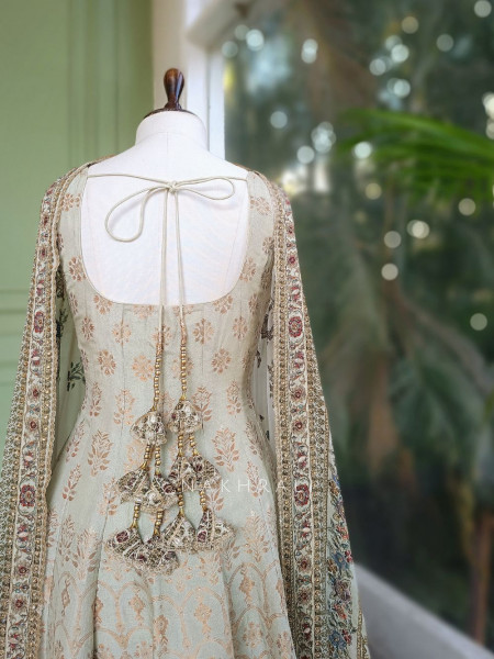 Nazakat Ivory Woven Fabric Suit Set with Stone Work