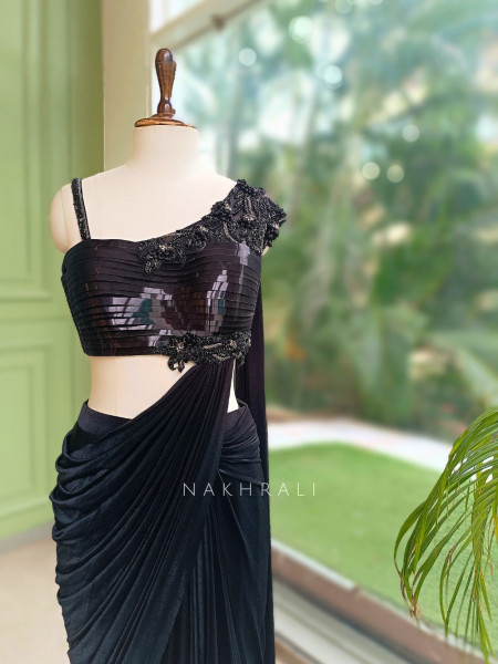 Eclipse Black Metallic Lycra Shimmer Crop Top & Draped Skirt Set
