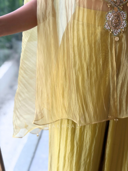 Ochre Shimmer Green Tissue Co-ord Set with Coin-Fringe Embroidered Cape