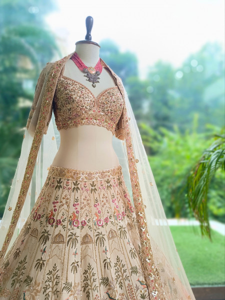 Mrinalika Beige Silk Georgette Lehenga Set With Pichwai Heritage Embroidery