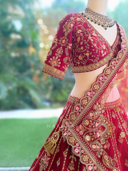 Surkh Noor Red Heritage Bridal Lehenga with Scalloped Dupatta