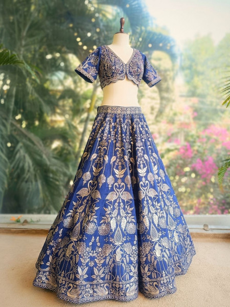 Sereva Blue Lehenga Set with Silver Brocade Work