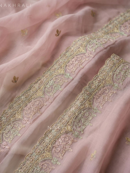 Nuvella Pink Floral Embroidered Dress Material with Pearl Border