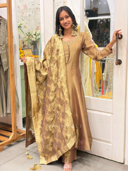 Rajvanshi Brown Woven Anarkali Set