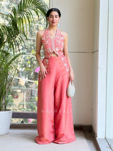 Elmira Peach Embroidered Crop Top & Palazzo Set