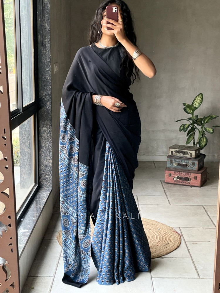 Image of Kairav Blue Black Modal Block Print  Saree
