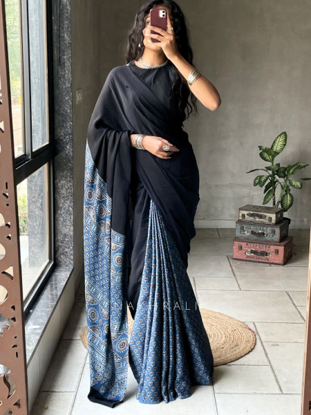 Kairav Blue Black Modal Block Print  Saree