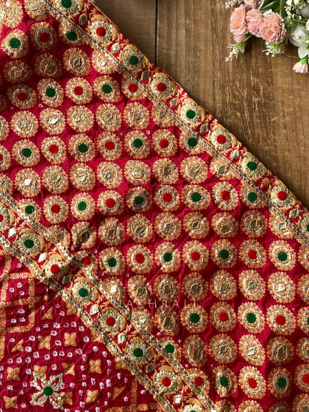 Marlowe Maroon Bandhej Saree with Embroidered Border and Running Blouse Piece