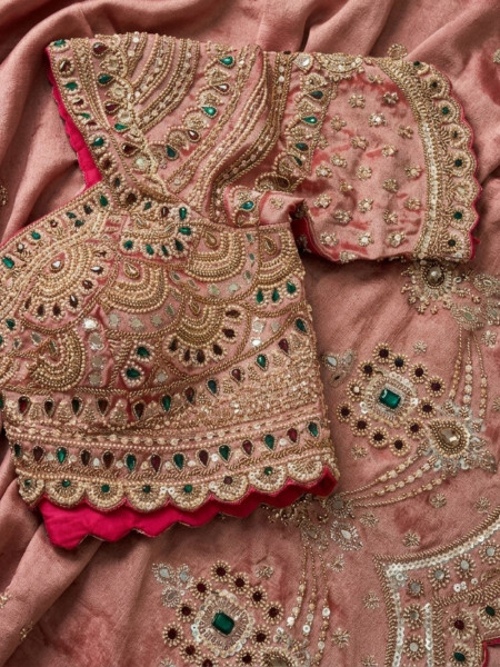 Aethelgard Peach Silk Blend Saree with Readymade Blouse & Kundan Zardozi Work