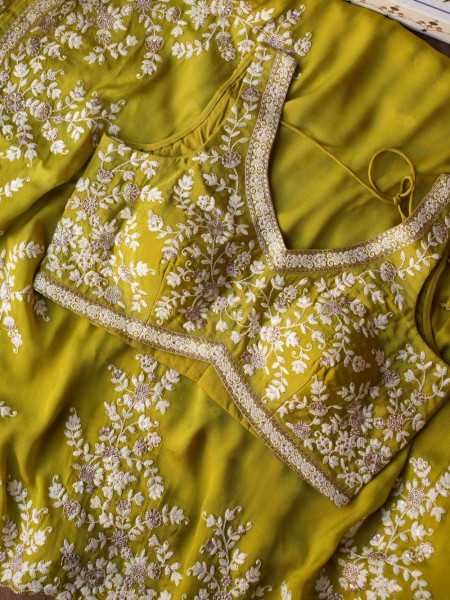 Velmira Green Parrot Embroidered Saree with Heavy Thread Work and Readymade Blouse