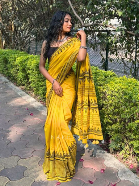 Vanika Yellow Cotton Handblock Saree