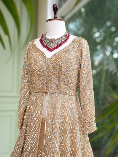 Queenshine Golden Indowestern Lehenga with Sequin and Cutdana Embellishment