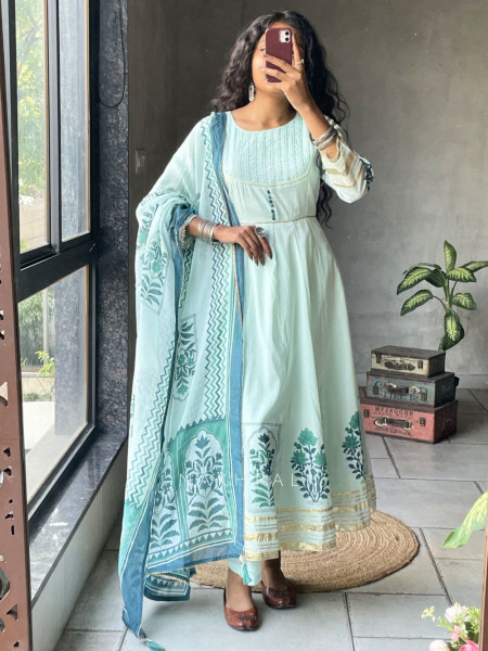Mishka Green Cotton Anarkali Suit Set with Print Work