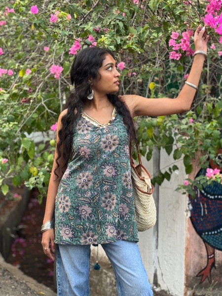 Mirelle Rama greenFloral Printed Top with Sequin Neckline