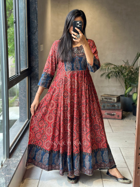 Saaz Red Kalidar Block Printed Kurta