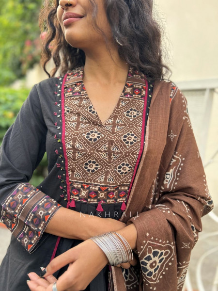 Vanika Black Suit Set with Printed Yoke and Dupatta
