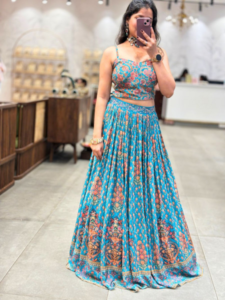 Turquoise Printed Indo-Western Lehenga Set with Jacket