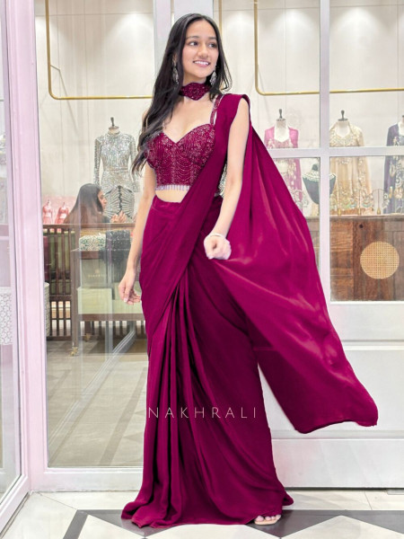 Midnight Glitz Wine Drape Saree with Embellished Blouse