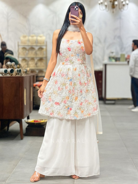 White Gharara Set with Floral Print Kurta and Sequin Work