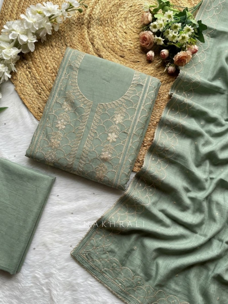 Saanjh Green Embroidered Dress Material