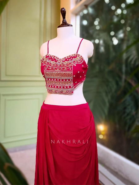 Ruhani Red Crop Top Skirt Set with Embroidered Shrug