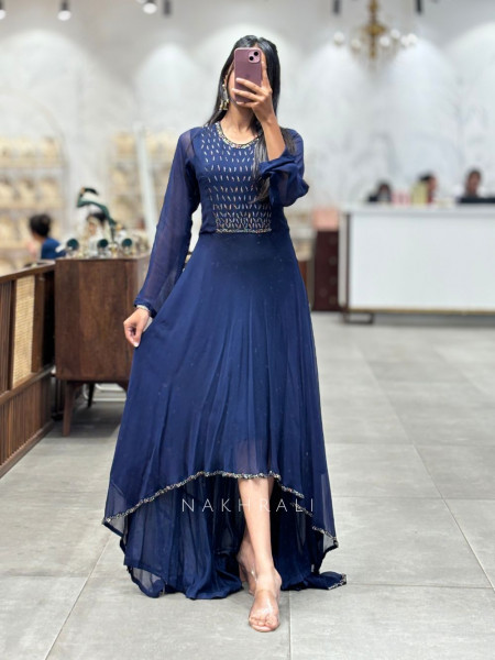 Midnight Elegance Blue Asymmetrical Dress with Embellished Bodice