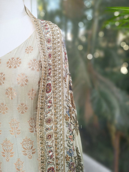 Nazakat Ivory Woven Fabric Suit Set with Stone Work