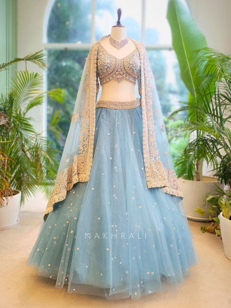 Celeste Blue Net Lehenga with Zari & Sequin Work Blouse